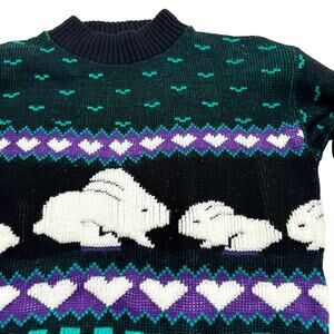 SPUNKY Women's Large Vintage‎ 80's Bunny Rabbit Heart Sweater Black Purple Teal
